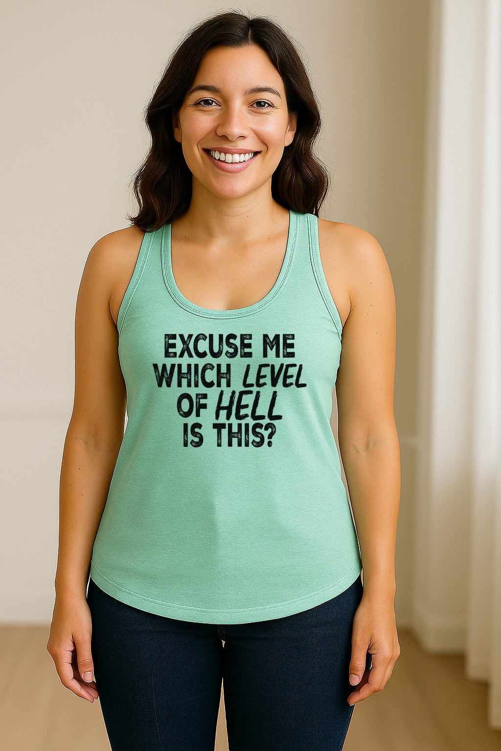 Funny Workout Women's Racerback Tank Top, Excuse Me Which Level Of Hell Is This Gym Shirt