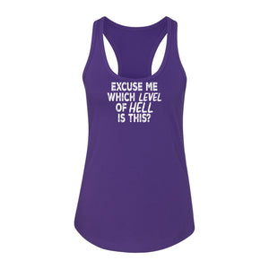Funny Workout Women's Racerback Tank Top, Excuse Me Which Level Of Hell Is This Gym Shirt