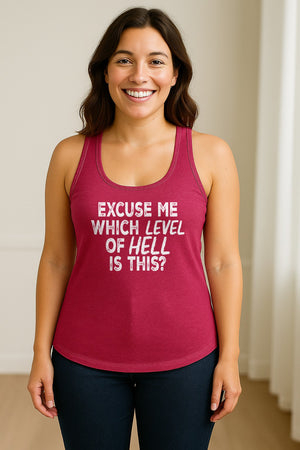 Funny Workout Women's Racerback Tank Top, Excuse Me Which Level Of Hell Is This Gym Shirt