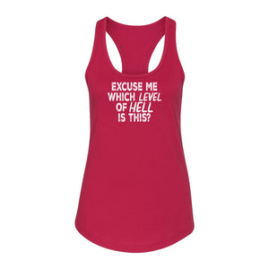 Funny Workout Women's Racerback Tank Top, Excuse Me Which Level Of Hell Is This Gym Shirt