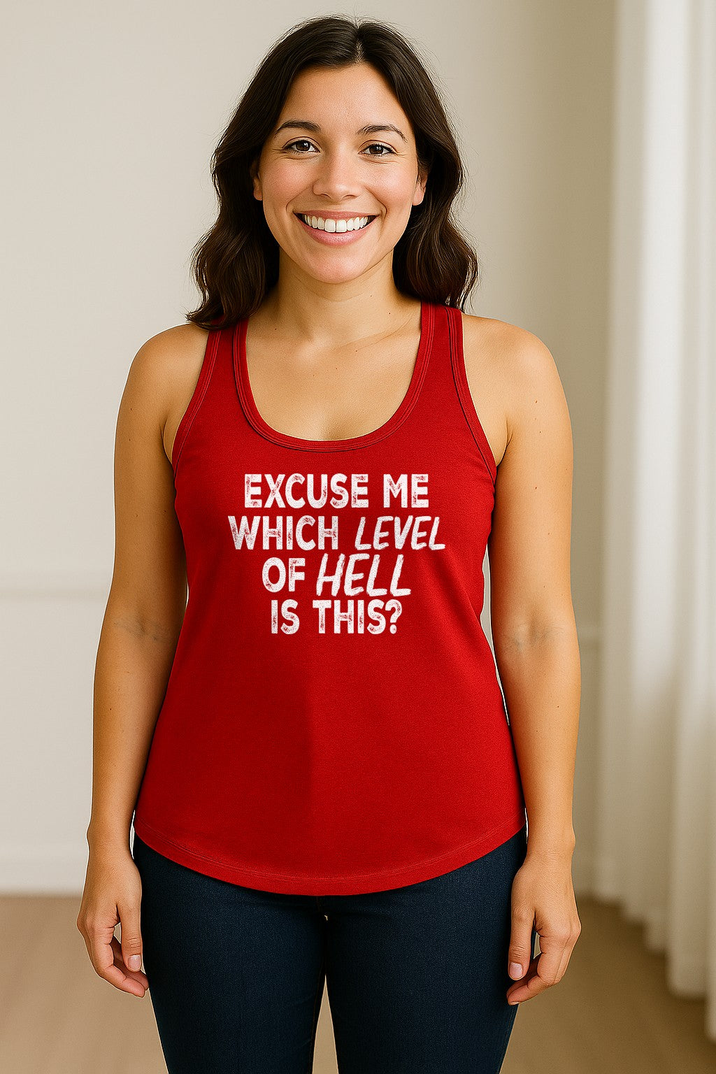 Funny Workout Women's Racerback Tank Top, Excuse Me Which Level Of Hell Is This Gym Shirt