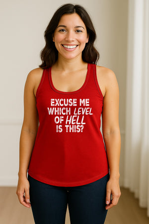 Funny Workout Women's Racerback Tank Top, Excuse Me Which Level Of Hell Is This Gym Shirt
