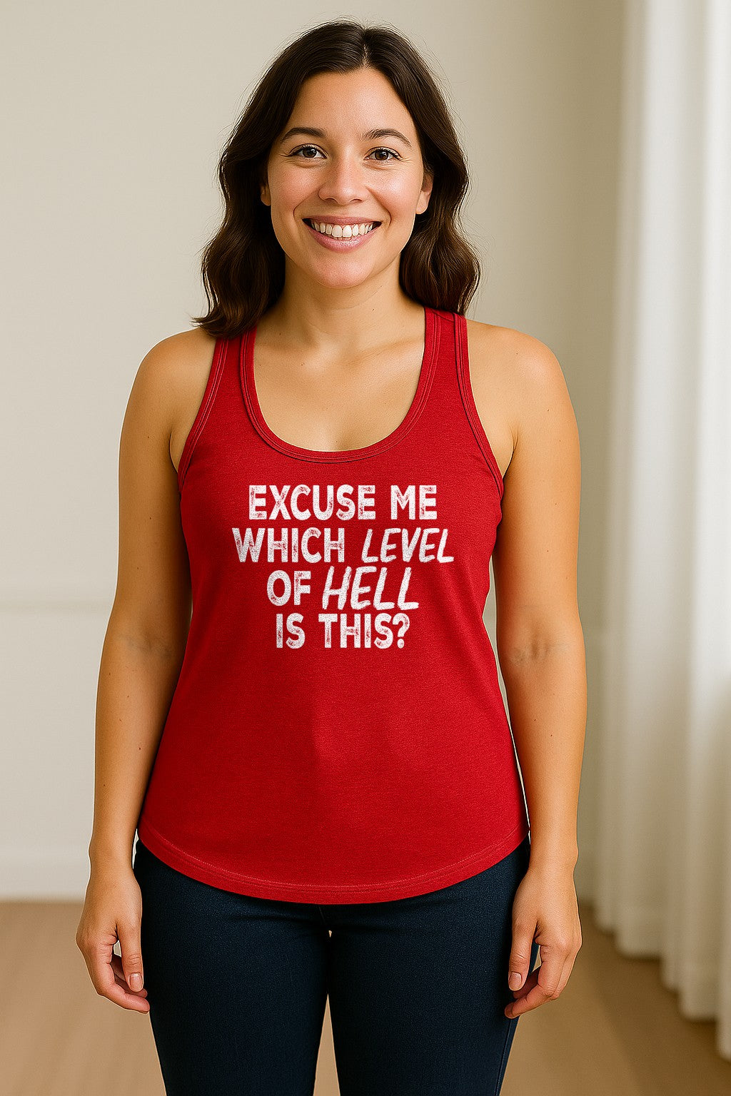 Funny Workout Women's Racerback Tank Top, Excuse Me Which Level Of Hell Is This Gym Shirt