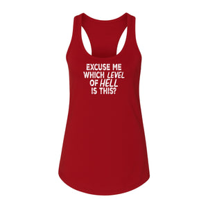Funny Workout Women's Racerback Tank Top, Excuse Me Which Level Of Hell Is This Gym Shirt