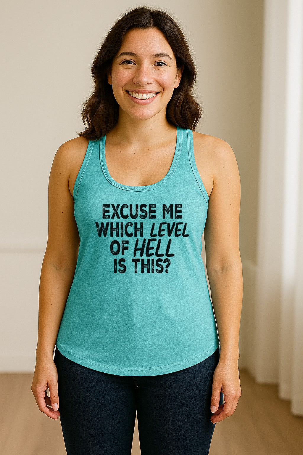 Funny Workout Women's Racerback Tank Top, Excuse Me Which Level Of Hell Is This Gym Shirt