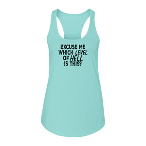 Funny Workout Women's Racerback Tank Top, Excuse Me Which Level Of Hell Is This Gym Shirt