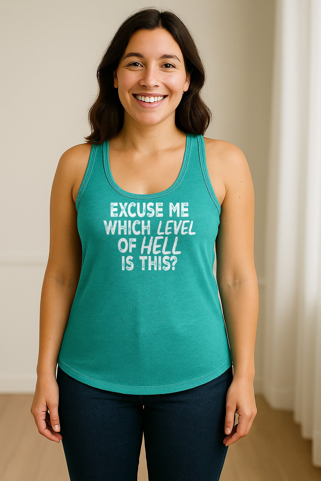 Funny Workout Women's Racerback Tank Top, Excuse Me Which Level Of Hell Is This Gym Shirt