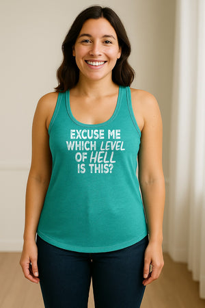 Funny Workout Women's Racerback Tank Top, Excuse Me Which Level Of Hell Is This Gym Shirt