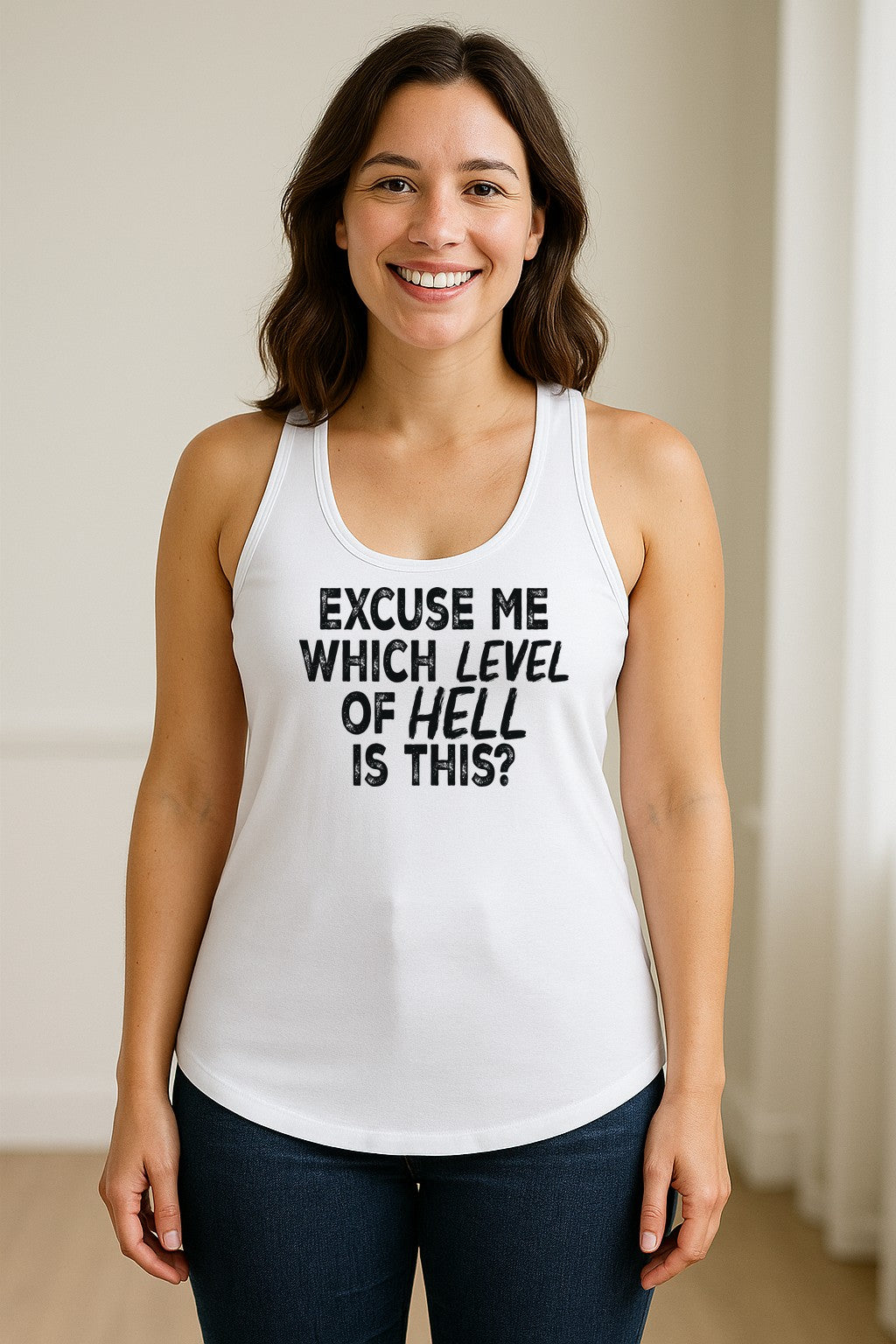 Funny Workout Women's Racerback Tank Top, Excuse Me Which Level Of Hell Is This Gym Shirt