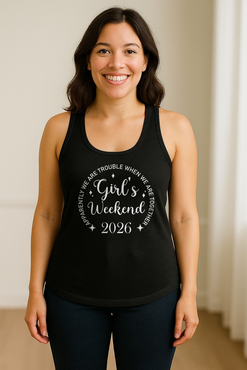 Girls Weekend 2026 Women's Racerback Tank Top, Apparently We Are Trouble Together Funny Vacation Outfit