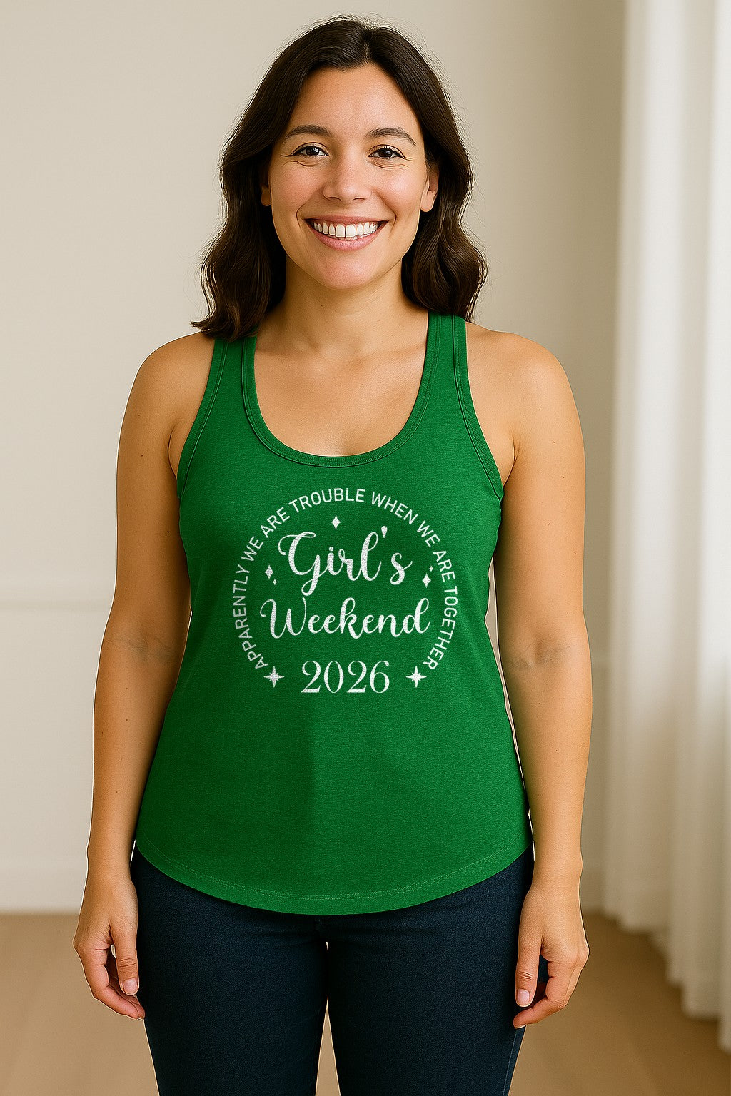Girls Weekend 2026 Women's Racerback Tank Top, Apparently We Are Trouble Together Funny Vacation Outfit