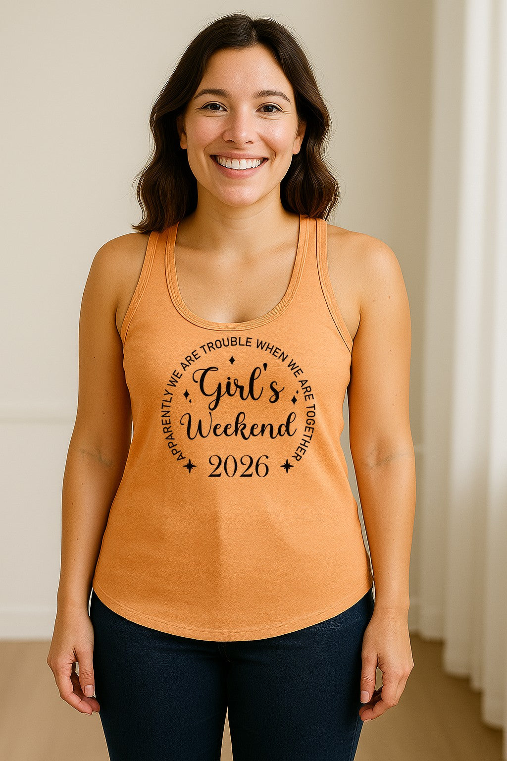 Girls Weekend 2026 Women's Racerback Tank Top, Apparently We Are Trouble Together Funny Vacation Outfit