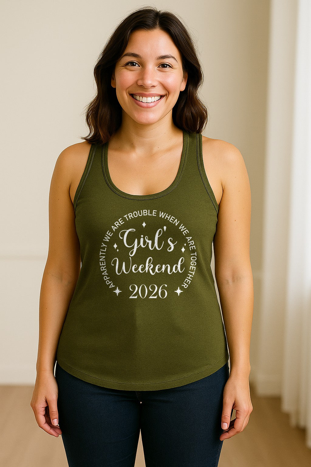 Girls Weekend 2026 Women's Racerback Tank Top, Apparently We Are Trouble Together Funny Vacation Outfit