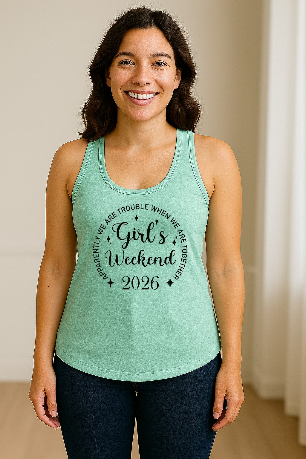 Girls Weekend 2026 Women's Racerback Tank Top, Apparently We Are Trouble Together Funny Vacation Outfit