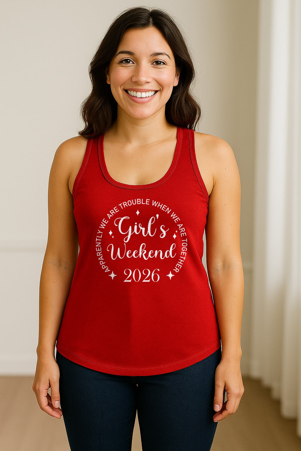 Girls Weekend 2026 Women's Racerback Tank Top, Apparently We Are Trouble Together Funny Vacation Outfit