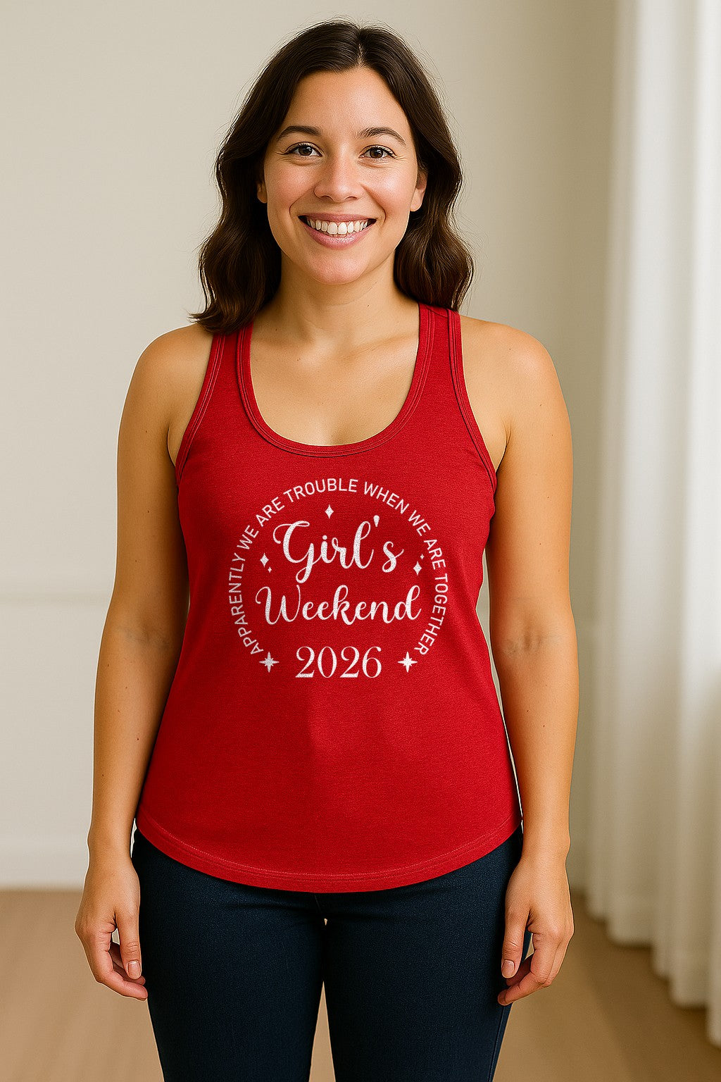Girls Weekend 2026 Women's Racerback Tank Top, Apparently We Are Trouble Together Funny Vacation Outfit
