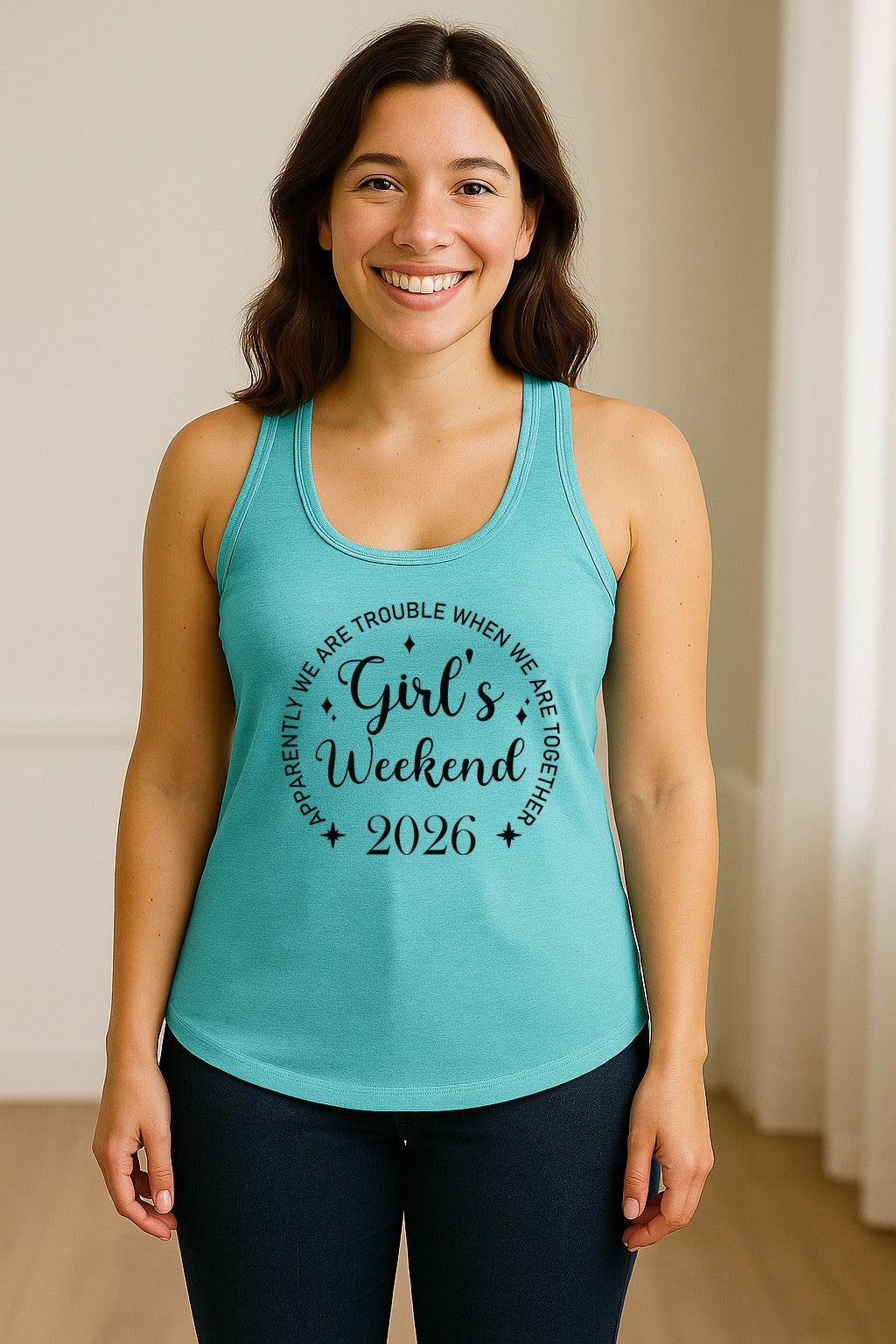 Girls Weekend 2026 Women's Racerback Tank Top, Apparently We Are Trouble Together Funny Vacation Outfit