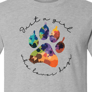 Just a Girl Who Loves Dogs T-Shirt, Colorful Paw Print Design for Puppy Moms and Pet Parents
