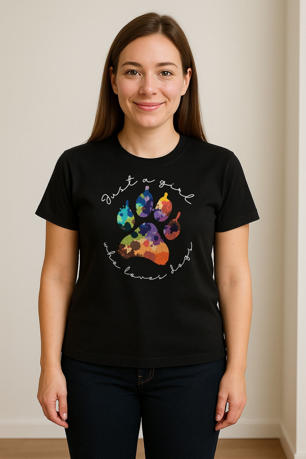 Just a Girl Who Loves Dogs T-Shirt, Colorful Paw Print Design for Puppy Moms and Pet Parents