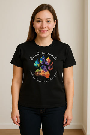Just a Girl Who Loves Dogs T-Shirt, Colorful Paw Print Design for Puppy Moms and Pet Parents
