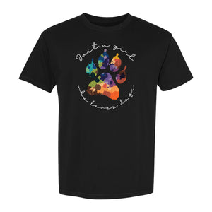 Just a Girl Who Loves Dogs T-Shirt, Colorful Paw Print Design for Puppy Moms and Pet Parents
