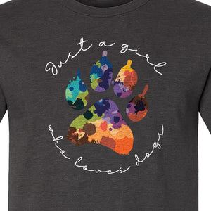 Just a Girl Who Loves Dogs T-Shirt, Colorful Paw Print Design for Puppy Moms and Pet Parents