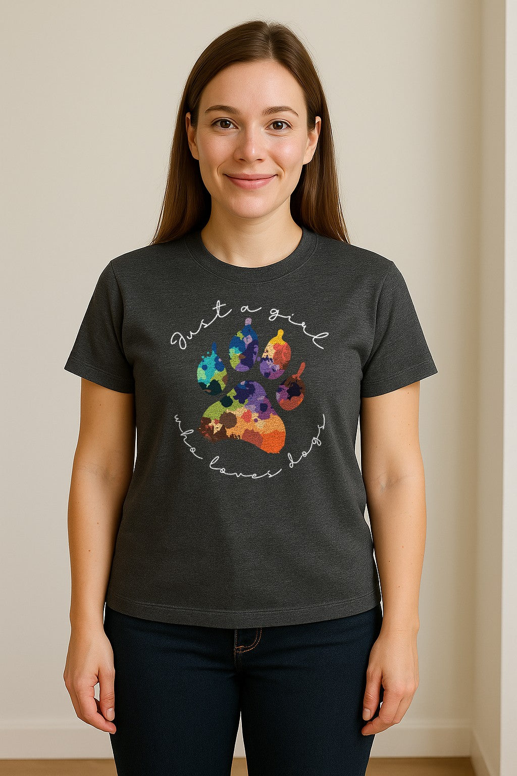 Just a Girl Who Loves Dogs T-Shirt, Colorful Paw Print Design for Puppy Moms and Pet Parents