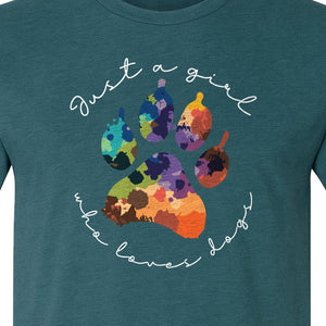 Just a Girl Who Loves Dogs T-Shirt, Colorful Paw Print Design for Puppy Moms and Pet Parents