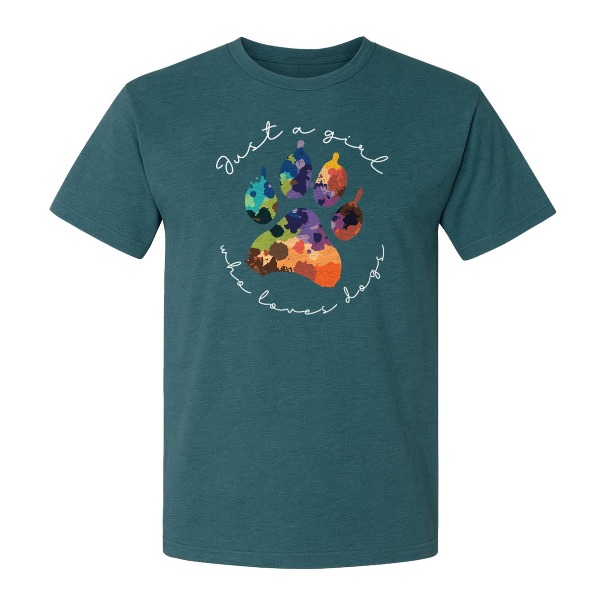 Just a Girl Who Loves Dogs T-Shirt, Colorful Paw Print Design for Puppy Moms and Pet Parents