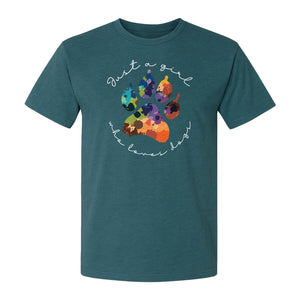 Just a Girl Who Loves Dogs T-Shirt, Colorful Paw Print Design for Puppy Moms and Pet Parents