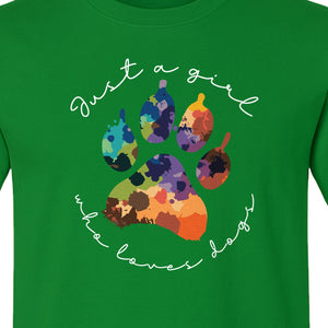 Just a Girl Who Loves Dogs T-Shirt, Colorful Paw Print Design for Puppy Moms and Pet Parents