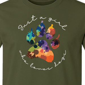Just a Girl Who Loves Dogs T-Shirt, Colorful Paw Print Design for Puppy Moms and Pet Parents