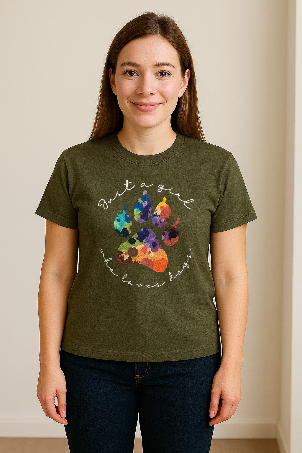 Just a Girl Who Loves Dogs T-Shirt, Colorful Paw Print Design for Puppy Moms and Pet Parents