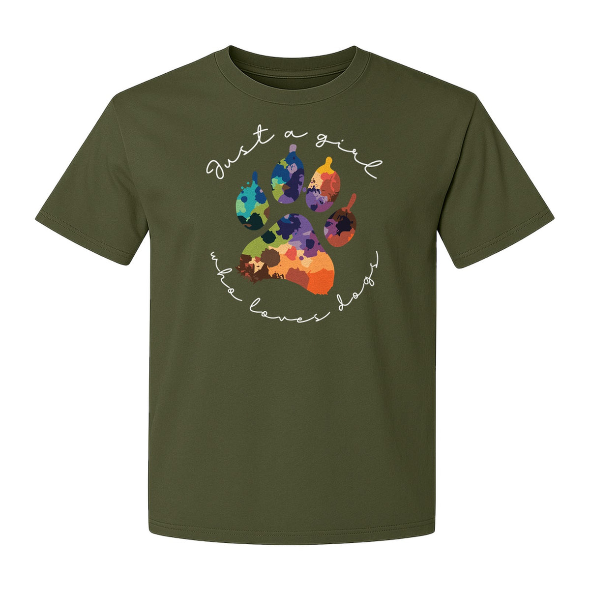 Just a Girl Who Loves Dogs T-Shirt, Colorful Paw Print Design for Puppy Moms and Pet Parents