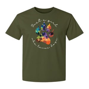 Just a Girl Who Loves Dogs T-Shirt, Colorful Paw Print Design for Puppy Moms and Pet Parents