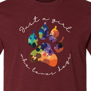 Just a Girl Who Loves Dogs T-Shirt, Colorful Paw Print Design for Puppy Moms and Pet Parents
