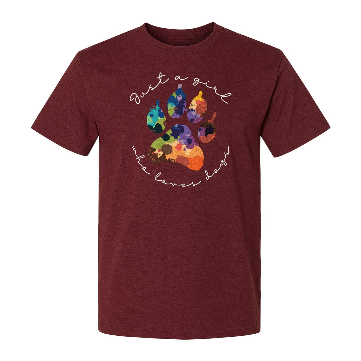 Just a Girl Who Loves Dogs T-Shirt, Colorful Paw Print Design for Puppy Moms and Pet Parents