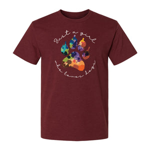 Just a Girl Who Loves Dogs T-Shirt, Colorful Paw Print Design for Puppy Moms and Pet Parents