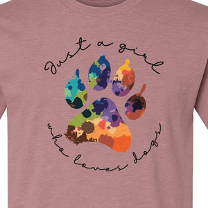 Just a Girl Who Loves Dogs T-Shirt, Colorful Paw Print Design for Puppy Moms and Pet Parents