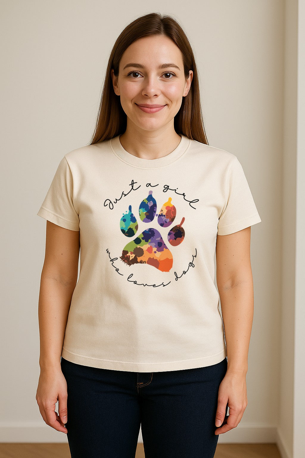 Just a Girl Who Loves Dogs T-Shirt, Colorful Paw Print Design for Puppy Moms and Pet Parents
