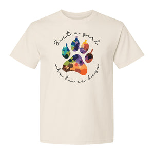 Just a Girl Who Loves Dogs T-Shirt, Colorful Paw Print Design for Puppy Moms and Pet Parents