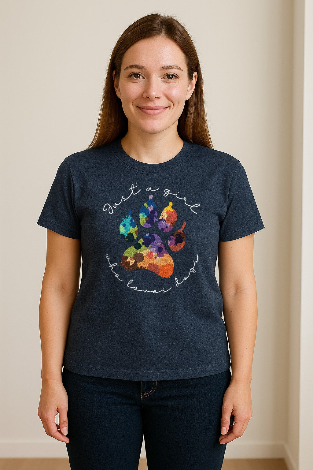 Just a Girl Who Loves Dogs T-Shirt, Colorful Paw Print Design for Puppy Moms and Pet Parents