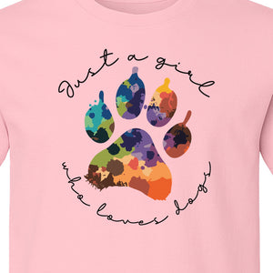 Just a Girl Who Loves Dogs T-Shirt, Colorful Paw Print Design for Puppy Moms and Pet Parents