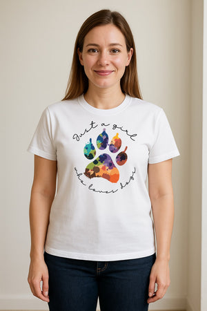 Just a Girl Who Loves Dogs T-Shirt, Colorful Paw Print Design for Puppy Moms and Pet Parents