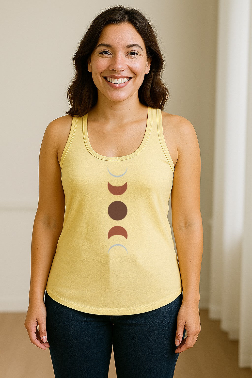 Moon Phase Women's Racerback Tank Top, Celestial Boho Graphic in Earthy Tones for Summer