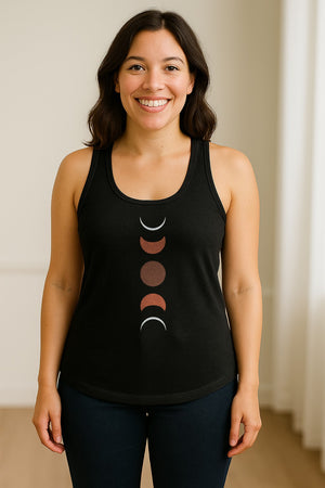 Moon Phase Women's Racerback Tank Top, Celestial Boho Graphic in Earthy Tones for Summer