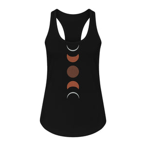 Moon Phase Women's Racerback Tank Top, Celestial Boho Graphic in Earthy Tones for Summer