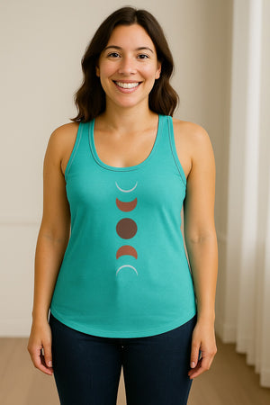 Moon Phase Women's Racerback Tank Top, Celestial Boho Graphic in Earthy Tones for Summer