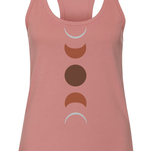 Moon Phase Women's Racerback Tank Top, Celestial Boho Graphic in Earthy Tones for Summer