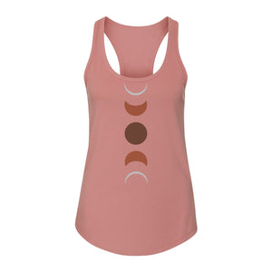 Moon Phase Women's Racerback Tank Top, Celestial Boho Graphic in Earthy Tones for Summer